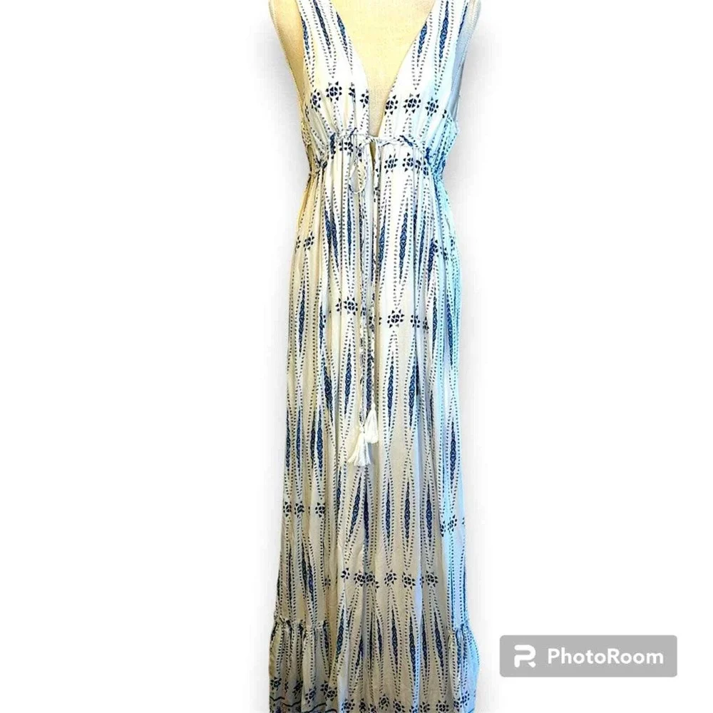 Hommage White Blue Print Maxi Dress V Neck Tie Waist‎ Sleeveless  Resortwear